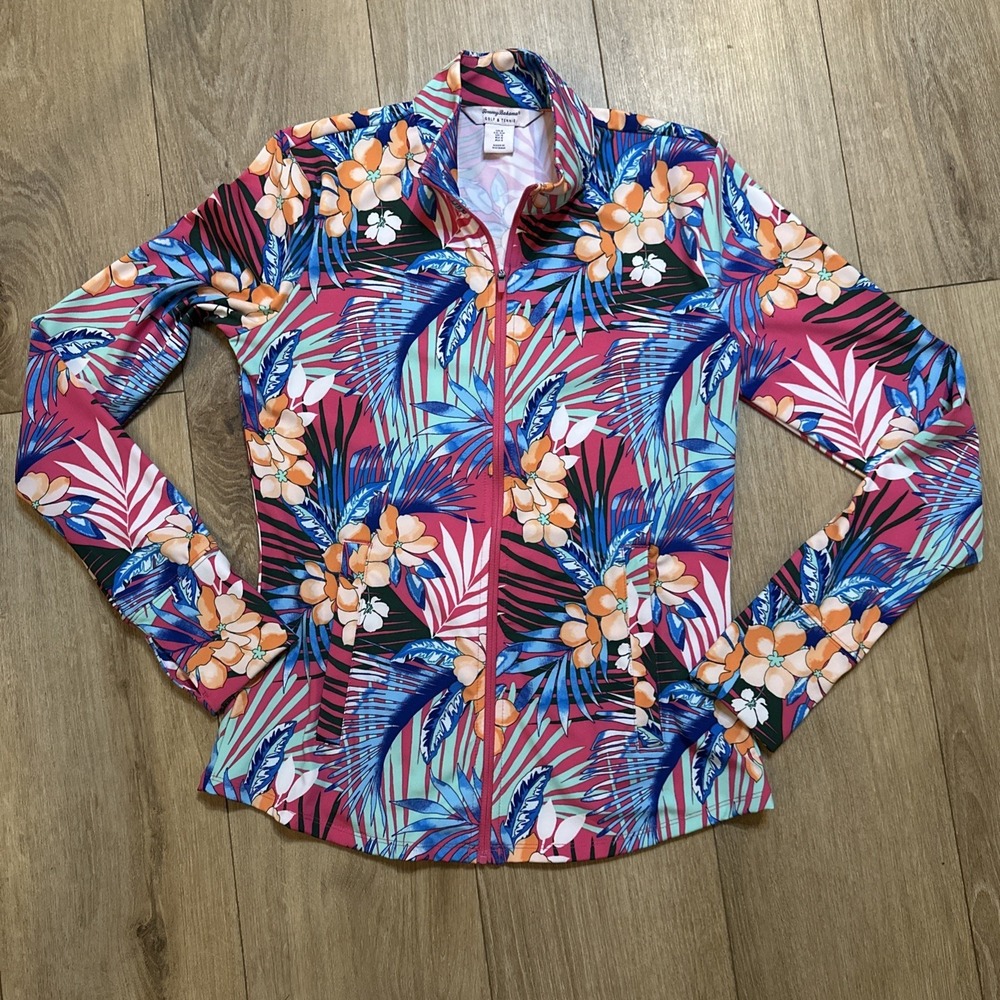 Tommy Bahama Golf Tennis‎ Full Zip Jacket Activewear Floral Palm Print UPF 50 S